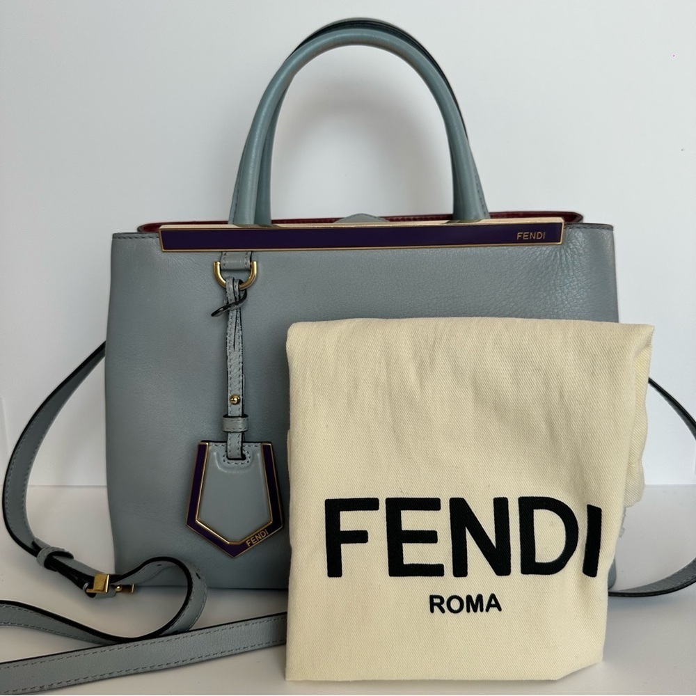 FENDI 2JOURS Vitello Elite Petite 2Jours Light Blue Charm Cuoio Saffiano Bag - Picture 4 of 16